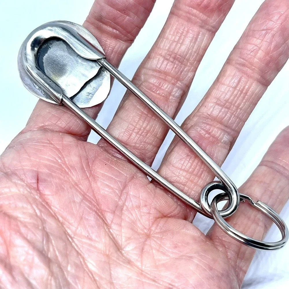 Giant Safety Pin Keyring Navajo Bear Paw Print Turquoise Keychain 4in Mens Gift